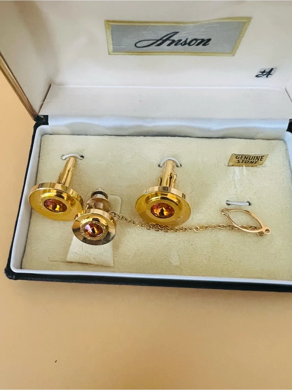 Anson Gold-Tone Cufflink & Tie Tack Set with Amber Stones